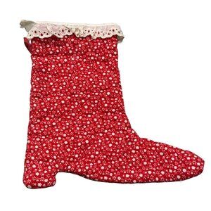 Vintage handmade Quilted Red Christmas Stocking Lace Trim snowflakes 10.5" READ